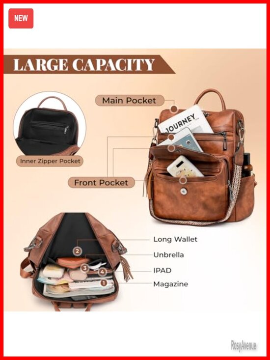 PU Leather Convertible Backpack Purse for Women, Anti-theft, Work Travel School main image 4